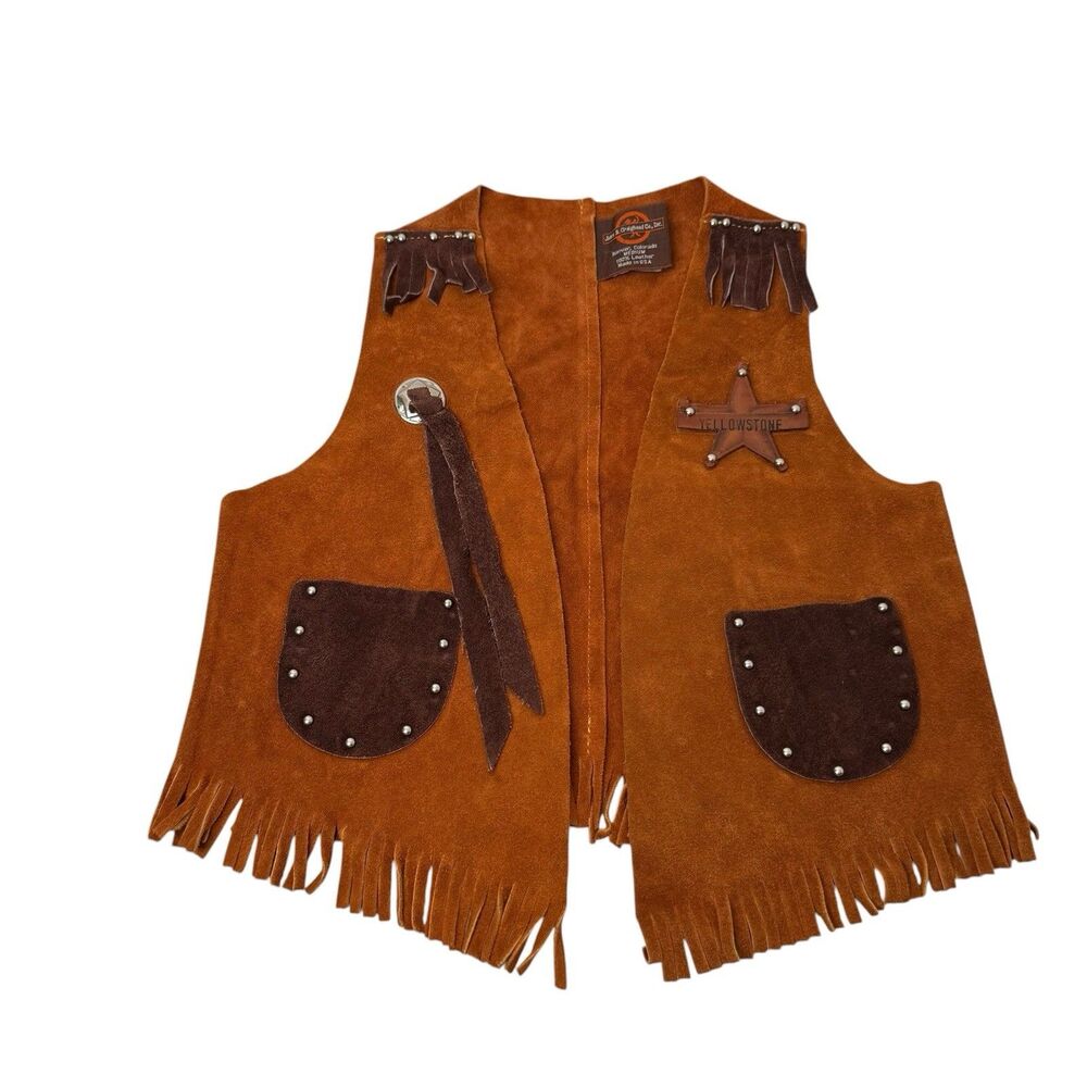VTG John R Craighead Kids M Leather Sheriff Vest Fringe Yellowstone Cowboy USA